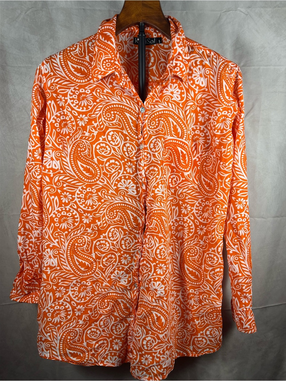 KikiSol Orange White Paisley Button Down Shirt Size Small Boho
